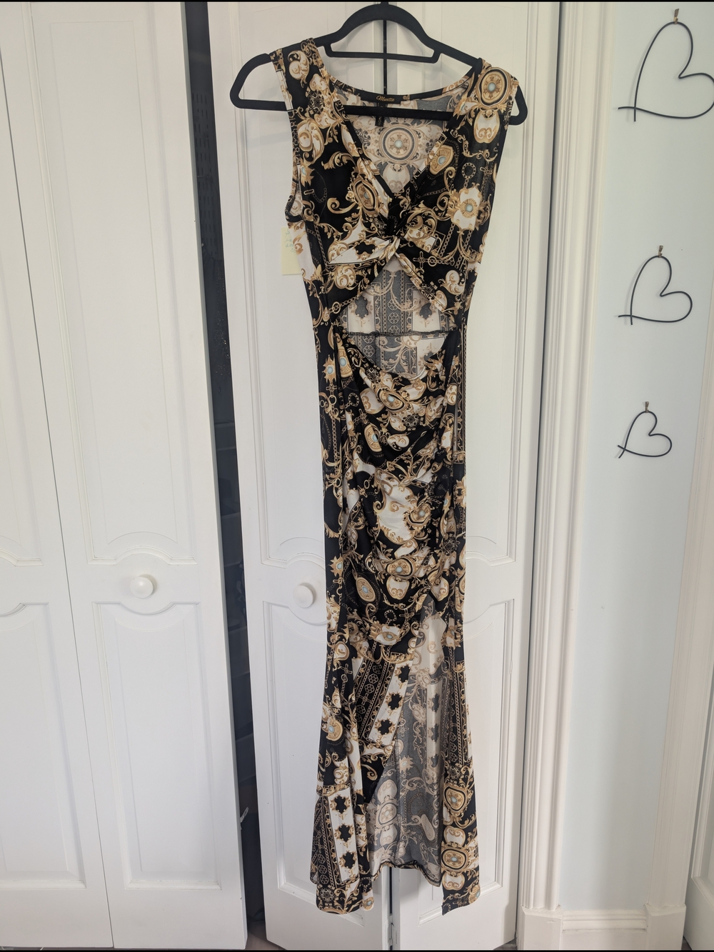 Elegant Black & Gold Patterned Maxi Dress - Stomach Cut Out With Slit
